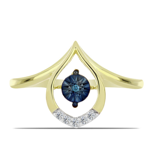 Anel de Prata com Banho de Ouro com Diamante Azul Dançante e Topázio Branco