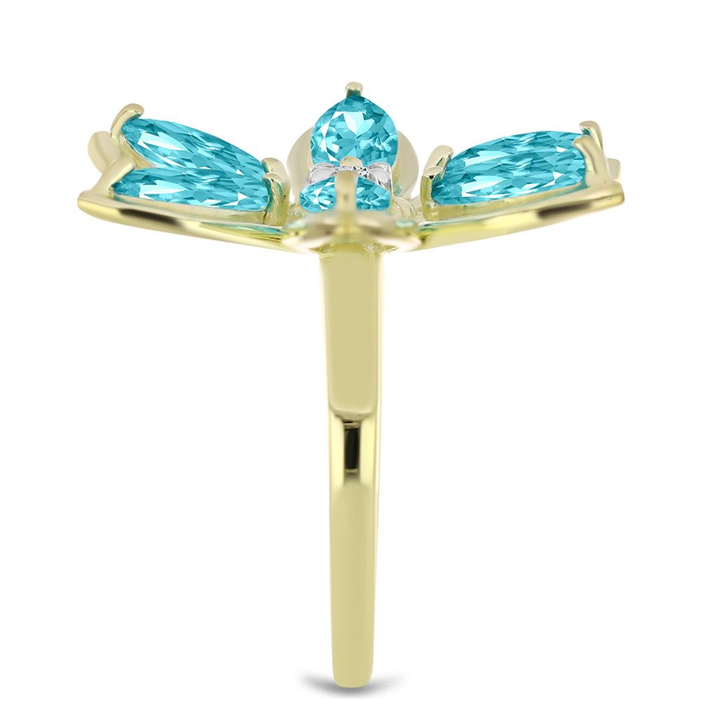 Anel de Prata com Banho de Ouro com Quartzo de Paraíba e Topázio Branco Contraste: Cabeca de Veado (800)