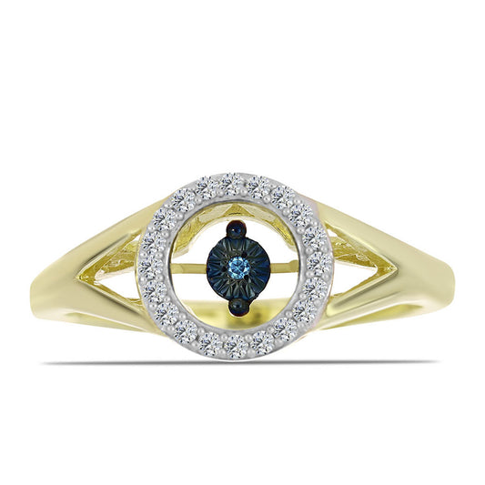 Anel de Prata com Banho de Ouro com Diamante Azul Dançante e Topázio Branco Contraste: Cabeca de Veado (800)