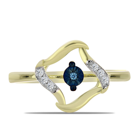 Anel de Prata com Banho de Ouro com Diamante Azul Dançante e Topázio Branco
