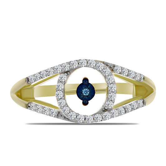 Anel de Prata com Banho de Ouro com Diamante Azul Dançante e Topázio Branco Contraste: Cabeca de Veado (800)