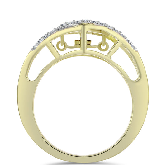 Anel de Prata com Banho de Ouro com Diamante Azul Dançante e Topázio Branco Contraste: Cabeca de Veado (800)
