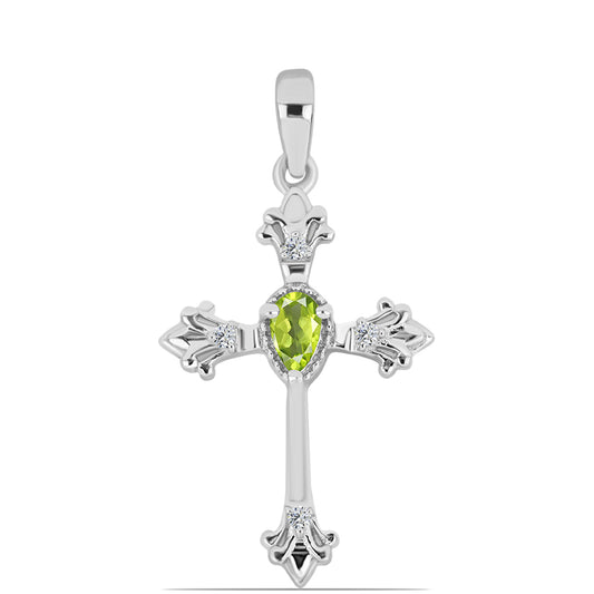 Cruz Pendente de Prata com Peridoto de Changbai e Topázio Branco