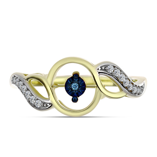 Anel de Prata com Banho de Ouro com Diamante Azul Dançante e Topázio Branco Contraste: Cabeca de Veado (800)