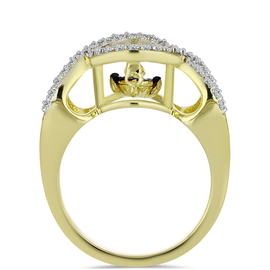 Anel de Prata com Banho de Ouro com Diamante Azul Dançante e Topázio Branco Contraste: Cabeca de Veado (800)