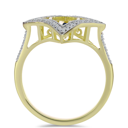 Anel de Prata com Banho de Ouro com Diamante Azul Dançante e Topázio Branco Contraste: Cabeca de Veado (800)