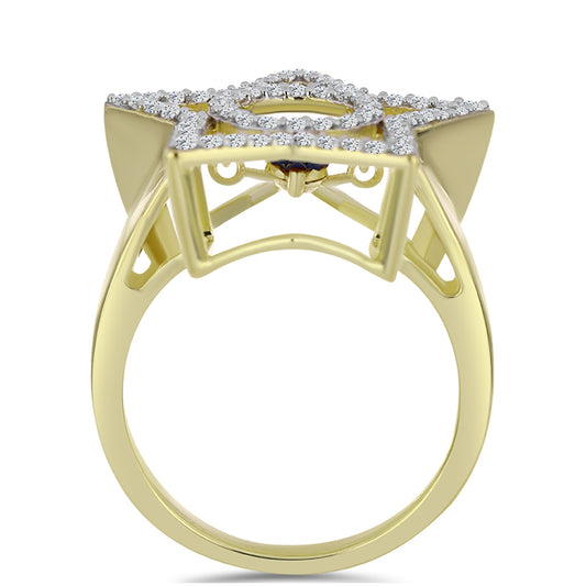 Anel de Prata com Banho de Ouro com Diamante Azul Dançante e Topázio Branco Contraste: Cabeca de Veado (800)