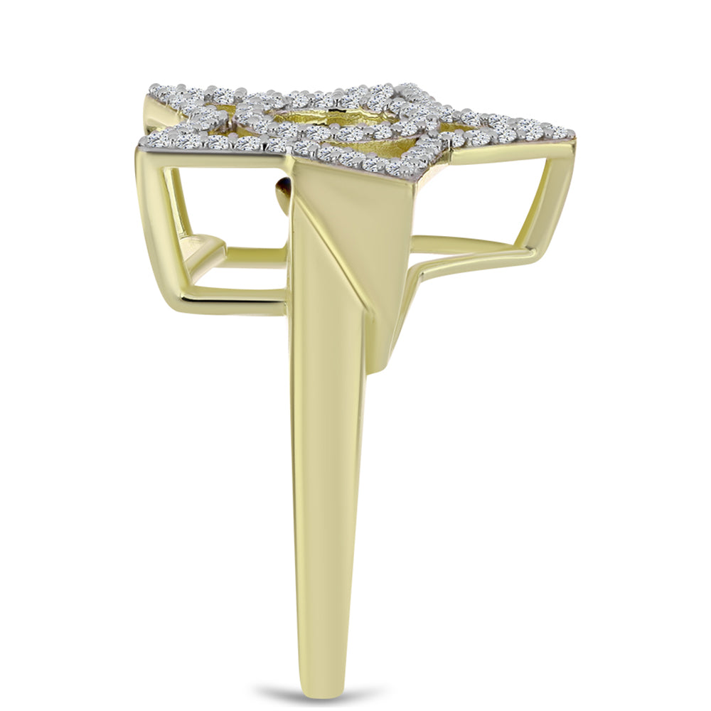 Anel de Prata com Banho de Ouro com Diamante Azul Dançante e Topázio Branco Contraste: Cabeca de Veado (800)