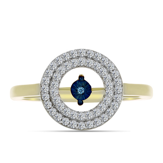 Anel de Prata com Banho de Ouro com Diamante Azul Dançante e Topázio Branco Contraste: Cabeca de Veado (800)