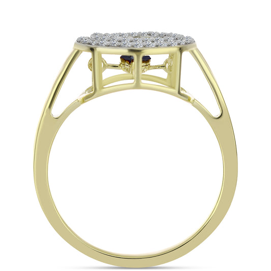 Anel de Prata com Banho de Ouro com Diamante Azul Dançante e Topázio Branco Contraste: Cabeca de Veado (800)