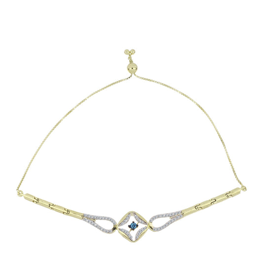 Pulseira de Prata com Banho de Ouro com Diamante Azul Dançante e Topázio Branco Contraste: Cabeca de Veado (800)