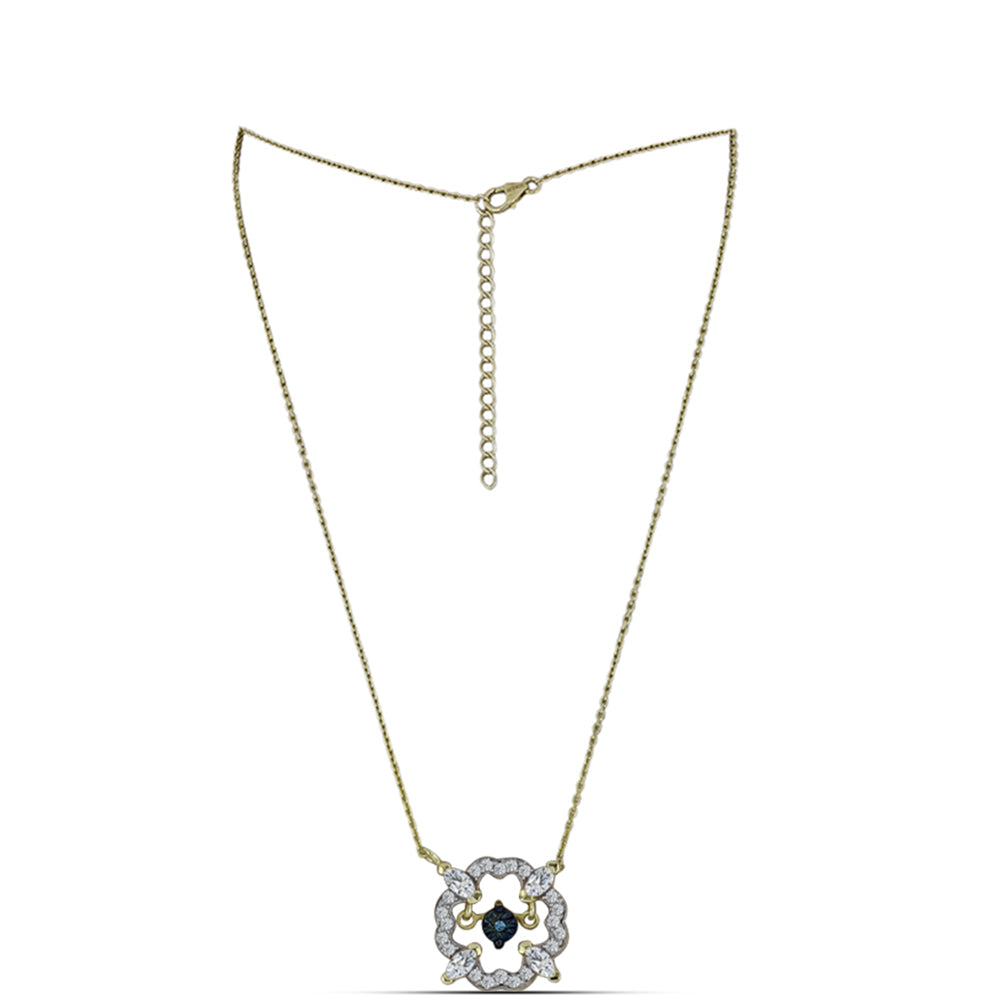 Colar de Prata com Banho de Ouro com Diamante Azul Dançante e Topázio Branco Contraste: Cabeca de Veado (800)