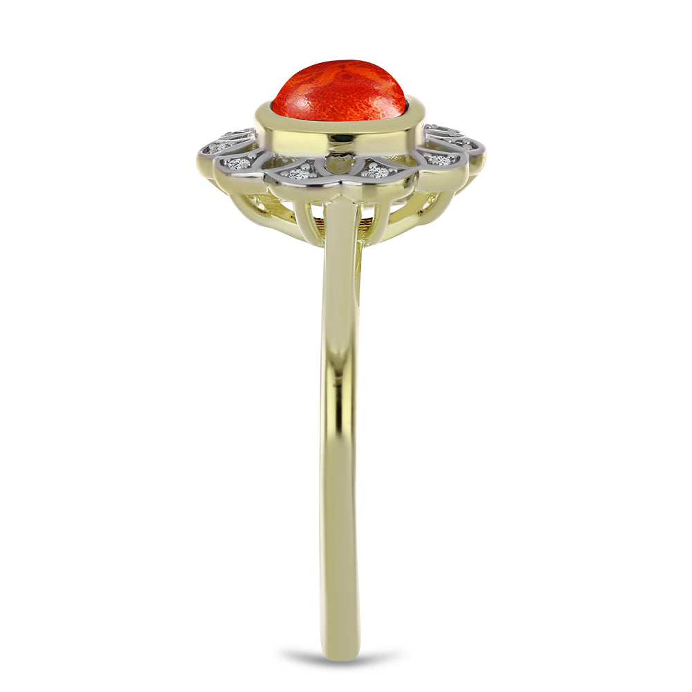 Anel de Prata com Banho de Ouro com Coral Esponja Vermelha e Topázio Branco