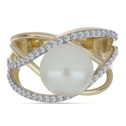 Anel de Prata com Banho de Ouro com Pérola de Água Doce Branca e Topázio Branco Contraste: Cabeca de Veado (800)