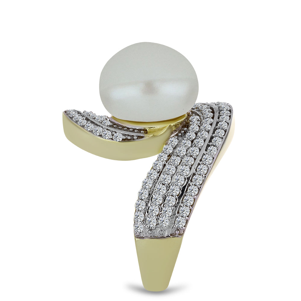 Anel de Prata com Banho de Ouro com Pérola de Água Doce Branca e Topázio Branco Contraste: Cabeca de Veado (800)