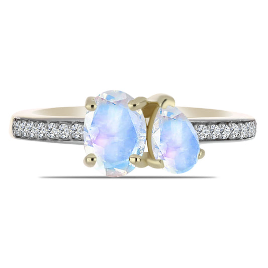 Anel de Prata com Banho de Ouro com Pedra da Lua Arco-íris e Topázio Branco