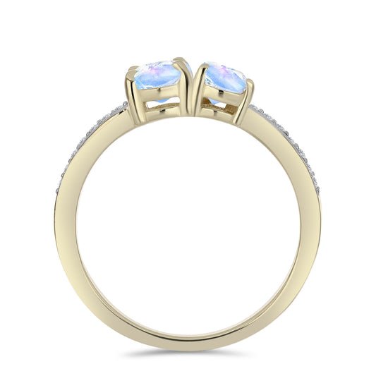 Anel de Prata com Banho de Ouro com Pedra da Lua Arco-íris e Topázio Branco