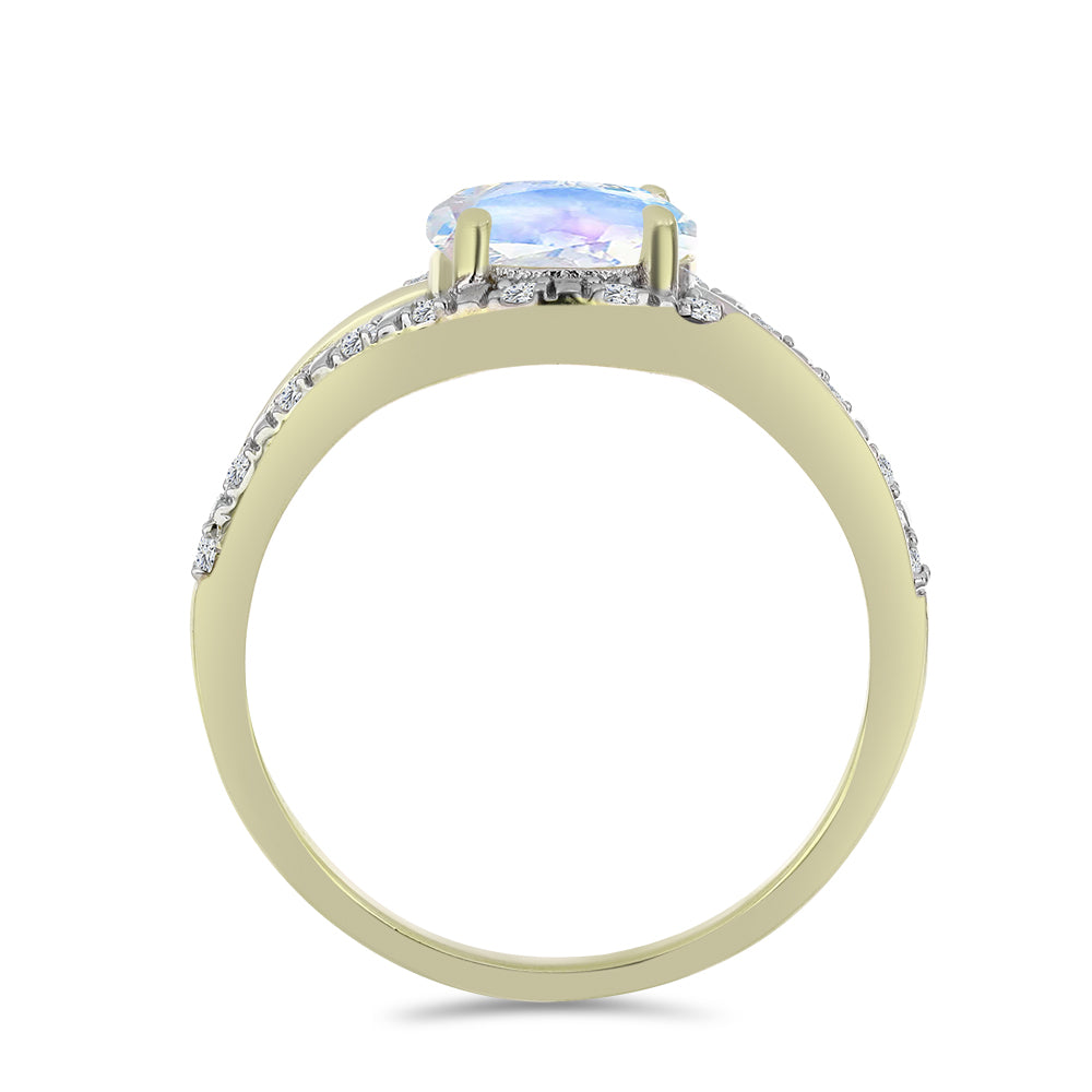 Anel de Prata com Banho de Ouro com Pedra da Lua Arco-íris e Topázio Branco