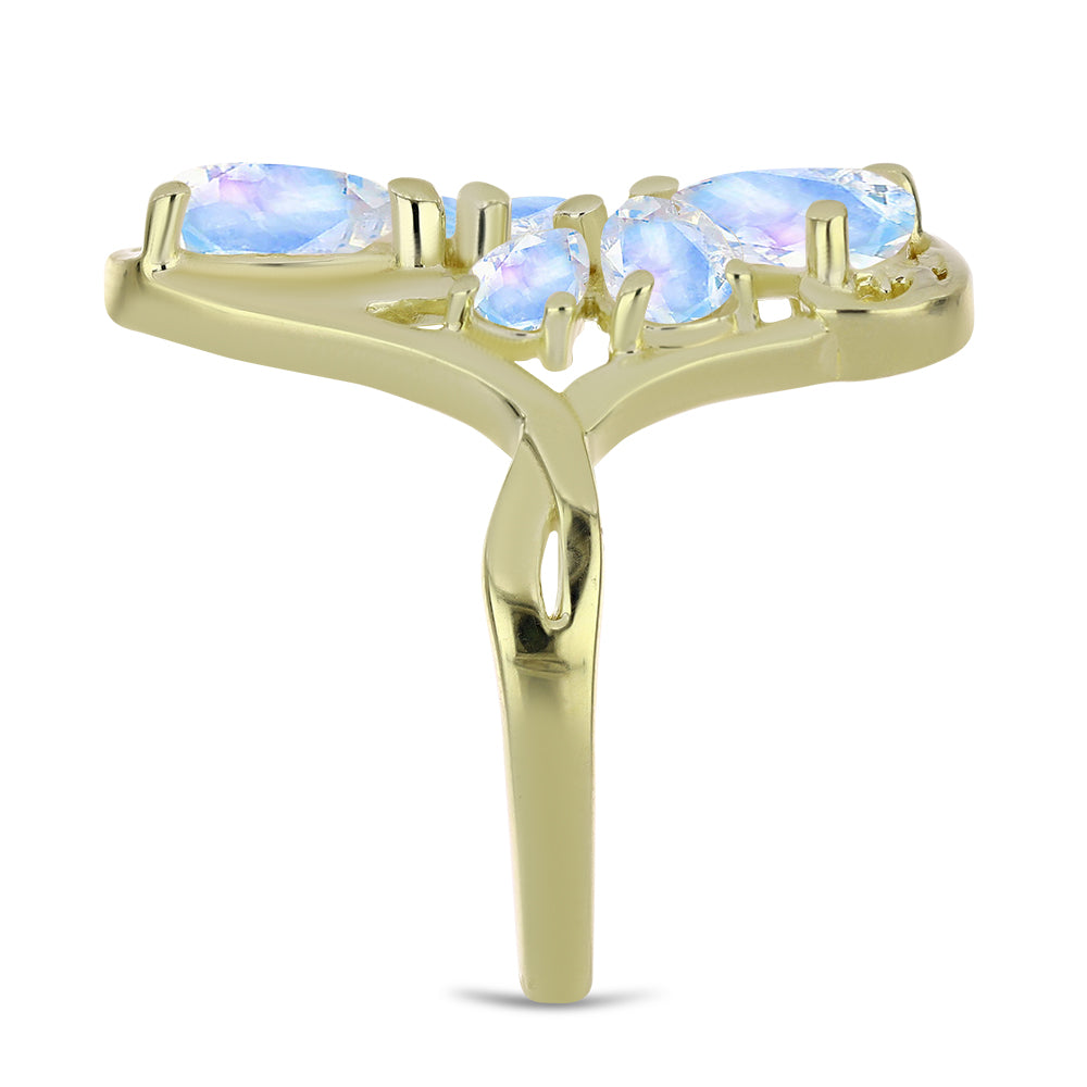 Anel de Prata com Banho de Ouro com Pedra da Lua Arco-íris Contraste: Cabeca de Veado (800)