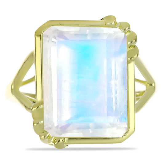 Anel de Prata com Banho de Ouro com Pedra da Lua Arco-íris Contraste: Cabeca de Veado (800)