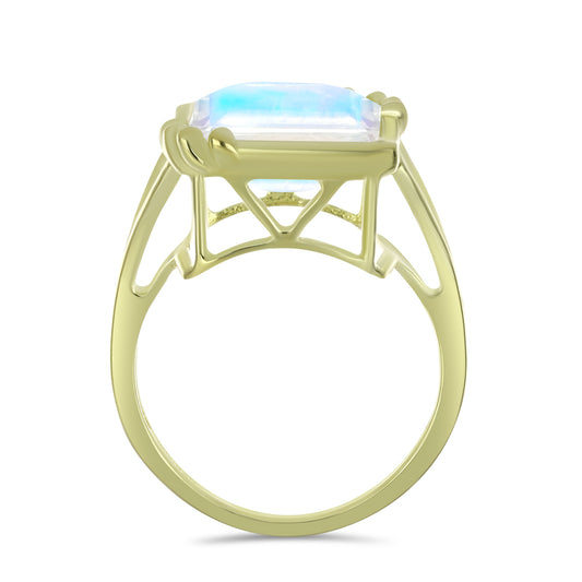 Anel de Prata com Banho de Ouro com Pedra da Lua Arco-íris Contraste: Cabeca de Veado (800)