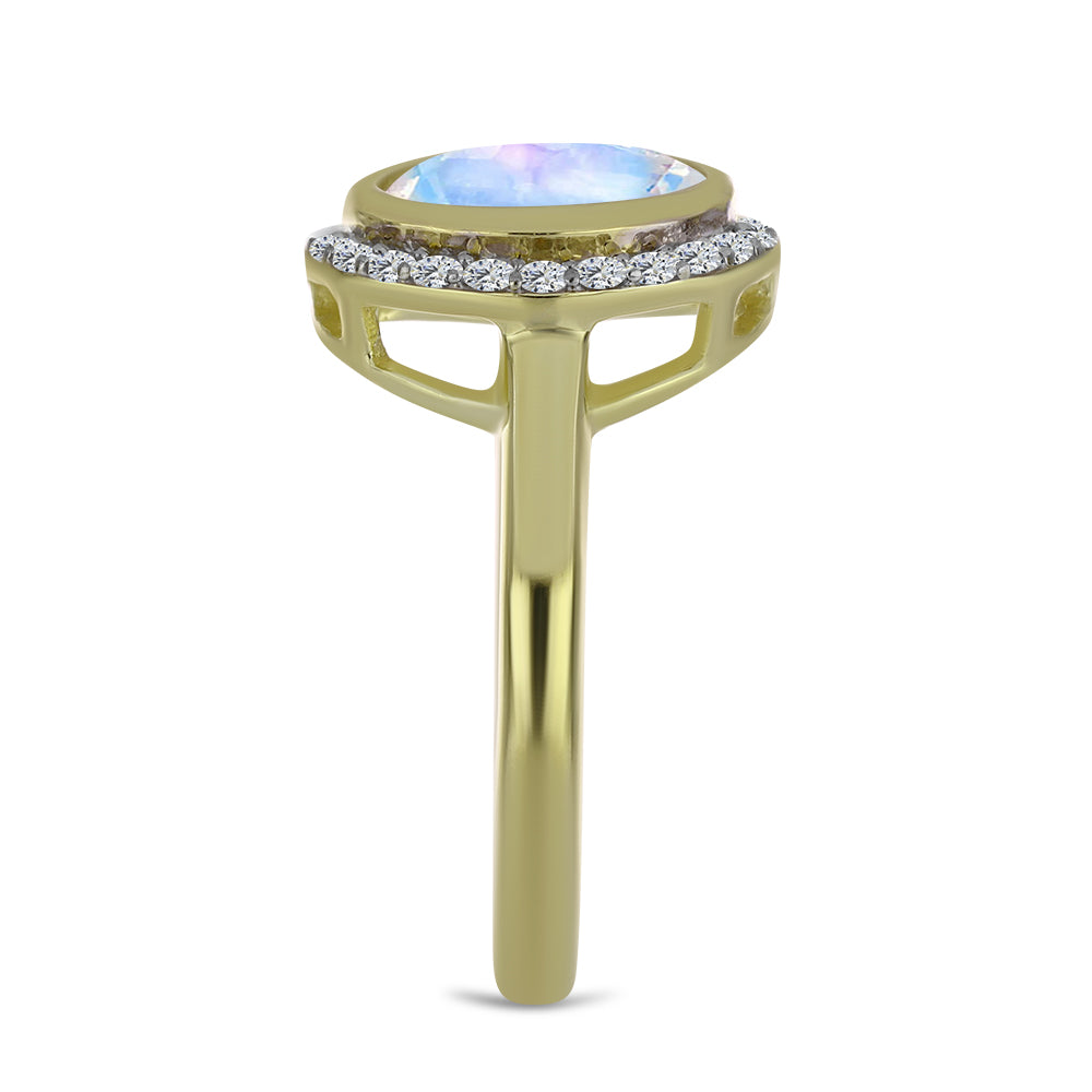 Anel de Prata com Banho de Ouro com Pedra da Lua Arco-íris e Topázio Branco Contraste: Cabeca de Veado (800)