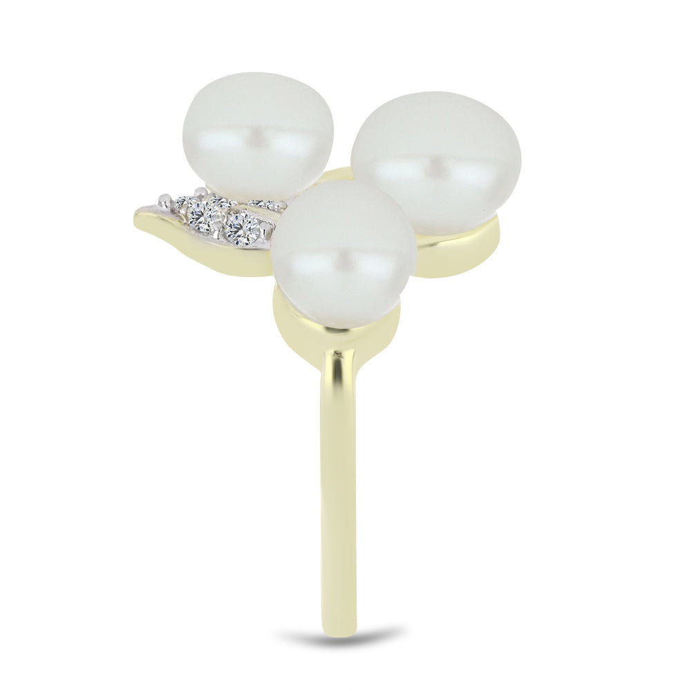 Anel de Prata com Banho de Ouro com Pérola de Água Doce Branca e Topázio Branco Contraste: Cabeca de Veado (800)