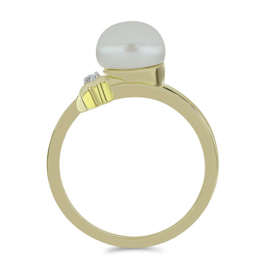 Anel de Prata com Banho de Ouro com Pérola de Água Doce Branca e Topázio Branco