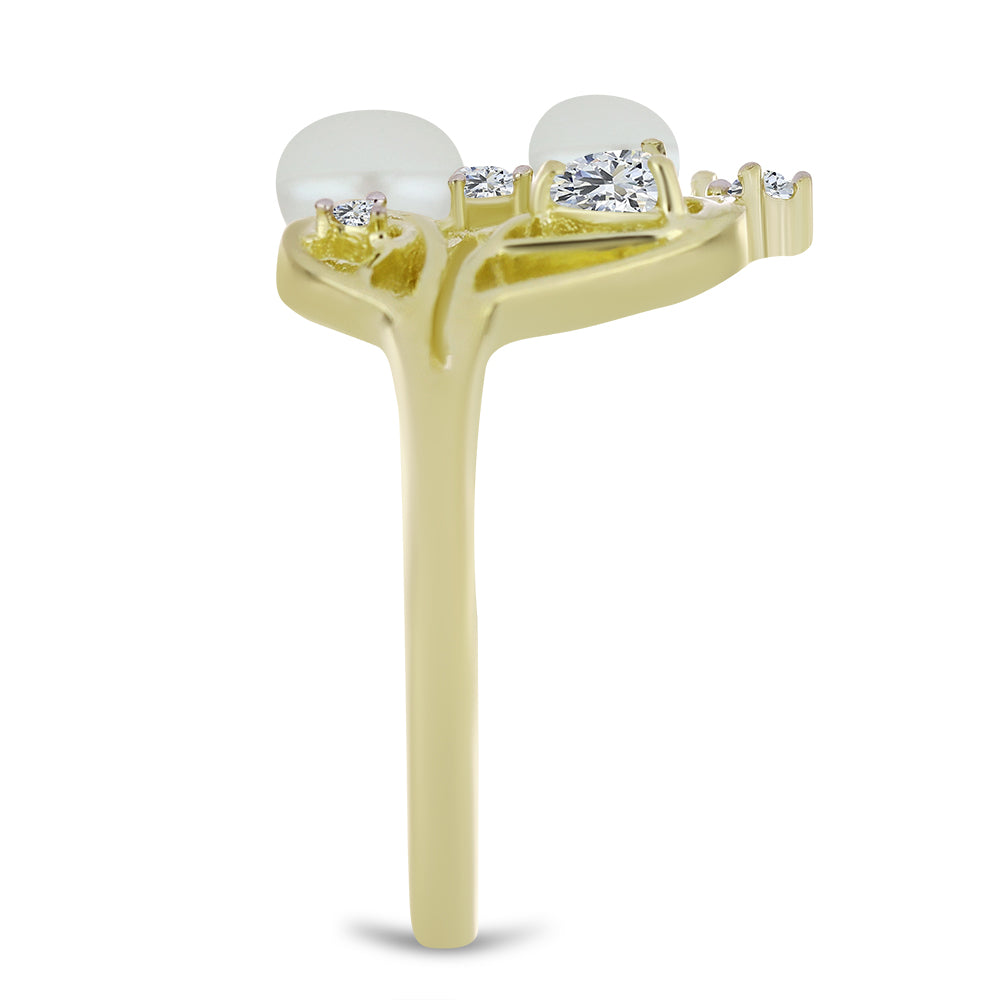 Anel de Prata com Banho de Ouro com Pérola de Água Doce Branca e Topázio Branco Contraste: Cabeca de Veado (800)