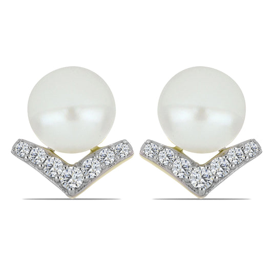 Brincos de Prata com Banho de Ouro com Pérola de Água Doce Branca e Topázio Branco