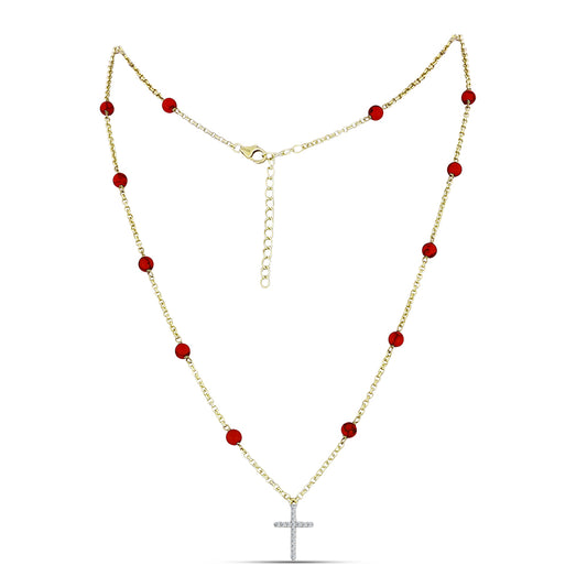 Colar de Prata com Banho de Ouro com Coral Esponja Vermelha e Topázio Branco Contraste: Cabeca de Veado (800)