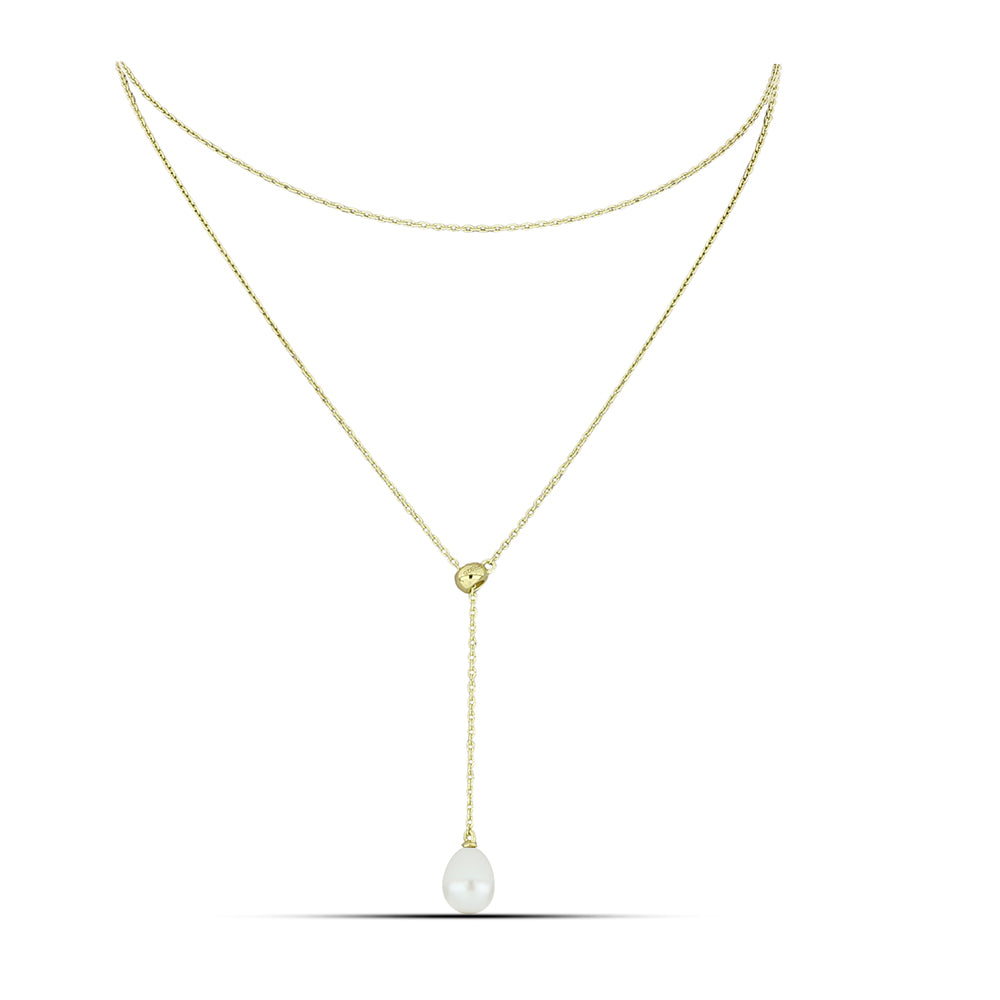 Colar de Prata com Banho de Ouro com Pérola de Água Doce Branca Contraste: Cabeca de Veado (800)