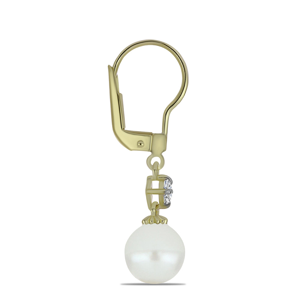 Brincos de Prata com Banho de Ouro com Pérola de Água Doce Branca e Topázio Branco