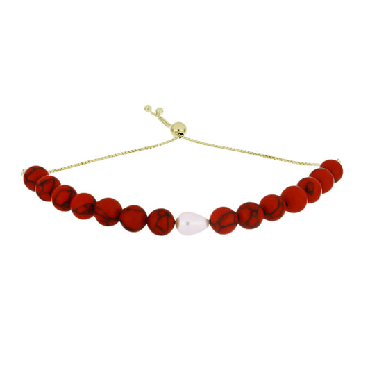 Pulseira de Prata com Banho de Ouro com Coral Esponja Vermelha e Pérola de Água Doce Branca