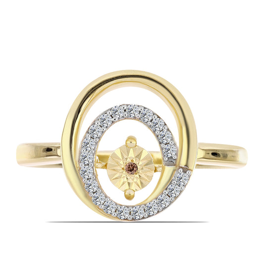 Anel de Prata com Banho de Ouro com Diamante cor de Cognac e Topázio Branco Contraste: Cabeca de Veado (800)