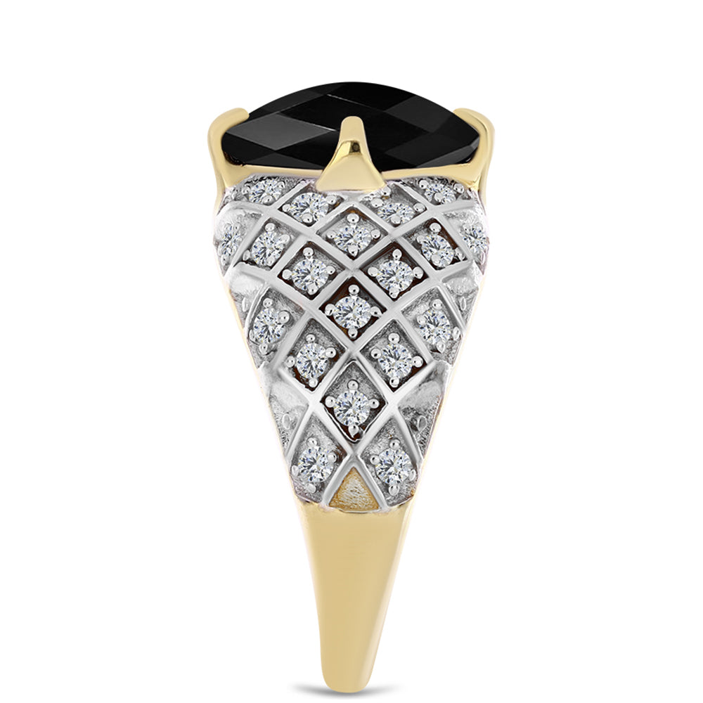 Anel de Prata com Banho de Ouro com Ónix Preta e Topázio Branco Contraste: Cabeca de Veado (800)