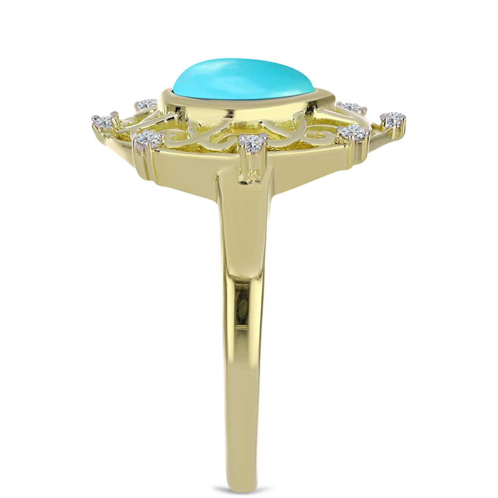 Anel de Prata com Banho de Ouro com Turquesa Bela Adormecida e Topázio Branco Contraste: Cabeca de Veado (800)