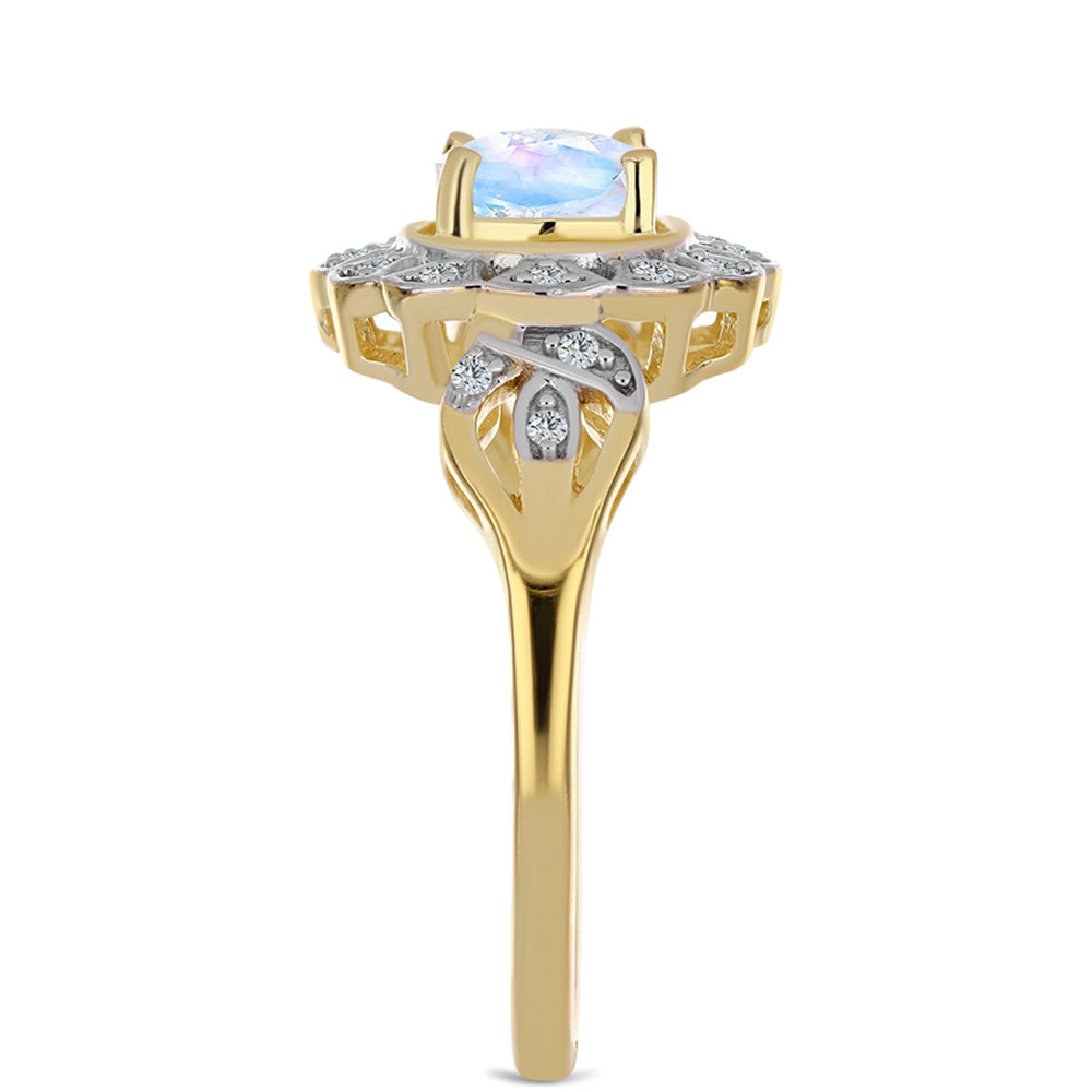 Anel de Prata com Banho de Ouro com Pedra da Lua Arco-íris e Topázio Branco Contraste: Cabeca de Veado (800)