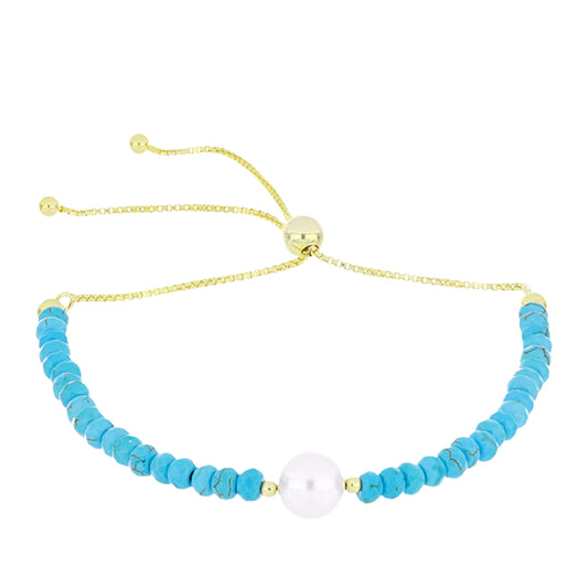 Pulseira de Prata com Banho de Ouro com Turquesa Bela Adormecida e Pérola de Água Doce Branca
