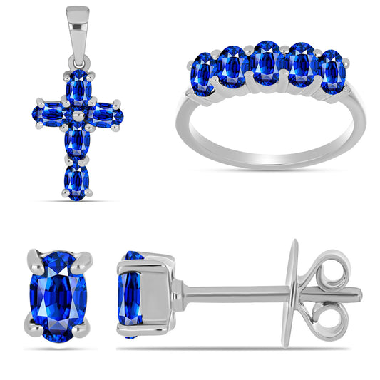 Cruz Conjunto de Prata com Safira Azul Australiana ( Brincos+Anel+Pendente ) Contraste: Cabeca de Veado (800)