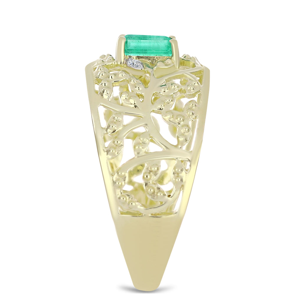 Anel de Prata com Banho de Ouro com Esmeralda da Colômbia e Diamante Branco Contraste: Cabeca de Veado (800)