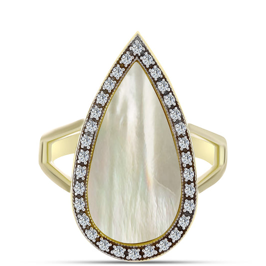 Anel de Prata com Banho de Ouro com Mãe de Pérola e Topázio Branco Contraste: Cabeca de Veado (800)
