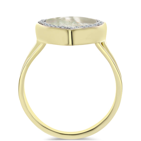 Anel de Prata com Banho de Ouro com Mãe de Pérola e Topázio Branco Contraste: Cabeca de Veado (800)