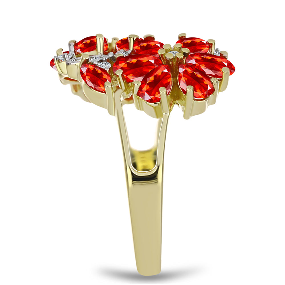 Anel de Prata com Banho de Ouro com Opala Vermelha da Etiópia de Lega Dembi e Topázio Branco Contraste: Cabeca de Veado (800)