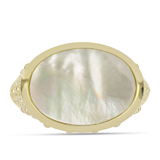 Anel de Prata com Banho de Ouro com Mãe de Pérola Contraste: Cabeca de Veado (800)