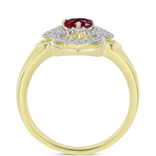 Anel de Prata com Banho de Ouro com Granada de Rhodolite e Topázio Branco Contraste: Cabeca de Veado (800)