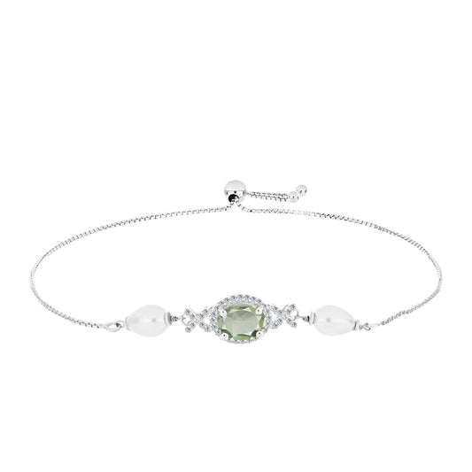 Pulseira de Prata com Ametista Verde e Pérola Branca de Água Doce Contraste: Cabeca de Veado (800)