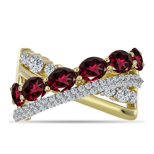 Anel de Prata com Banho de Ouro com Granada de Rhodolite e Topázio Branco Contraste: Cabeca de Veado (800)
