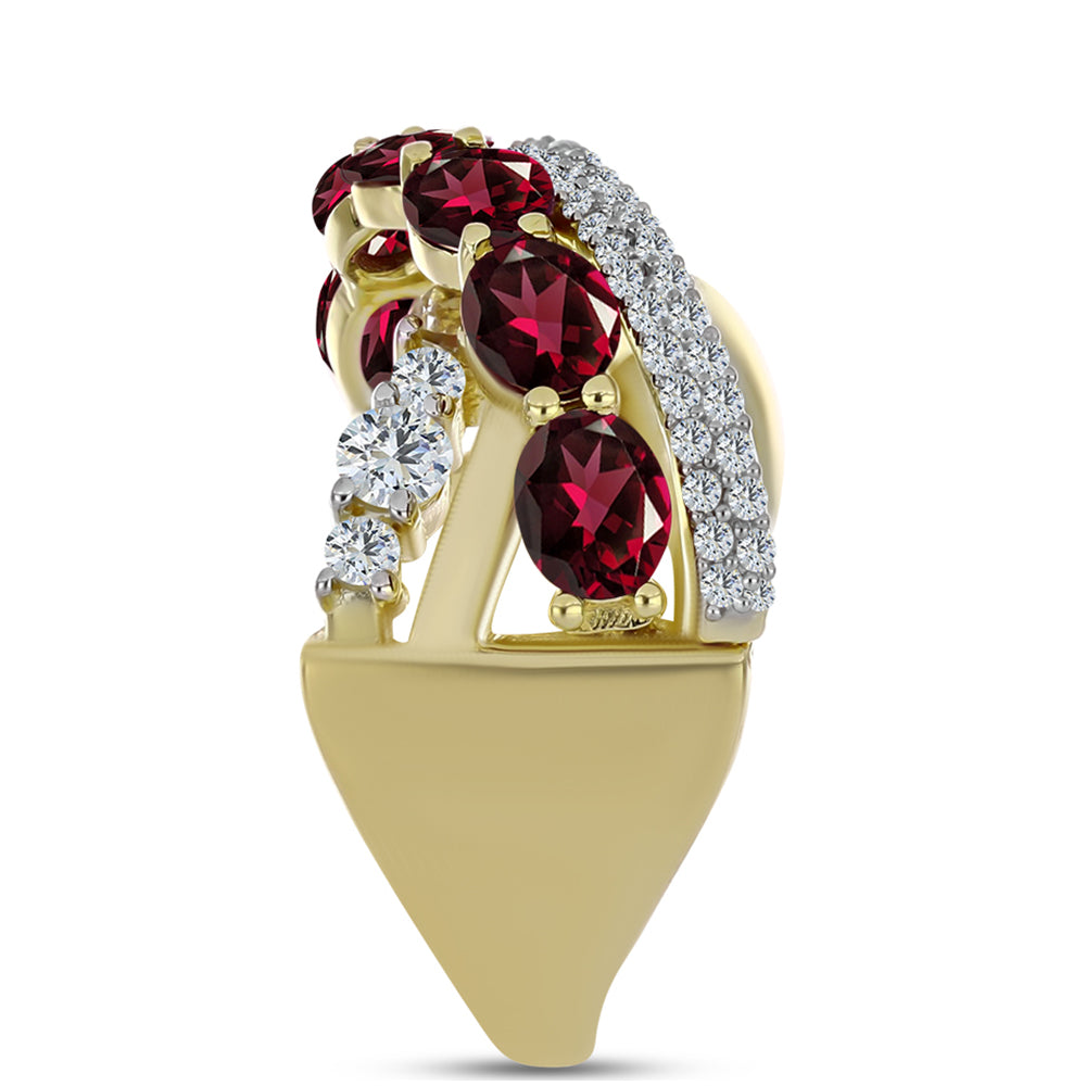 Anel de Prata com Banho de Ouro com Granada de Rhodolite e Topázio Branco Contraste: Cabeca de Veado (800)