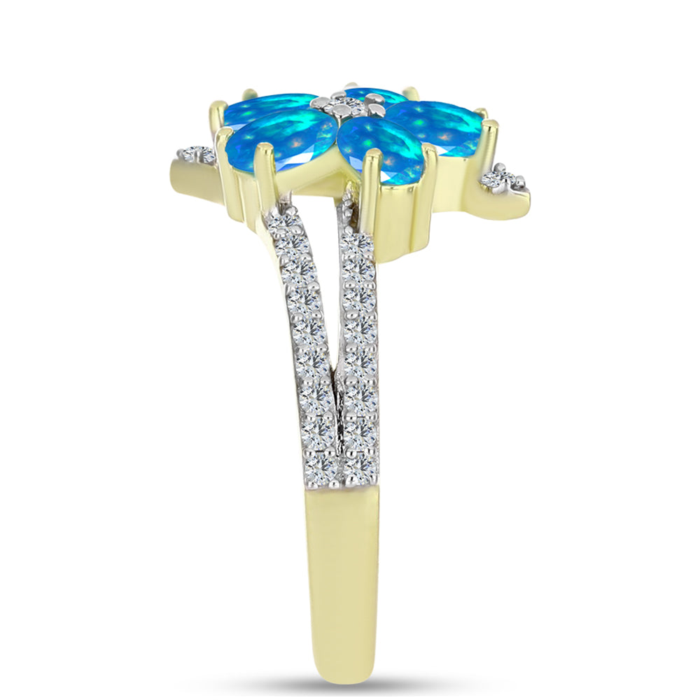 Anel de Prata com Banho de Ouro com Opala Paraíso da Etiópia e Topázio Branco Contraste: Cabeca de Veado (800)